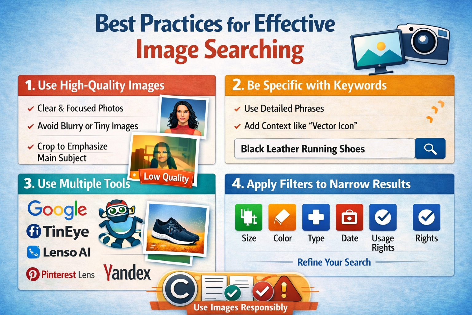 “Infographic showing best practices for effective image searching, including high-quality images, specific keywords, reverse image search tools, filters, and copyright awareness.