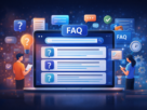 Illustration of an FAQ page template showing frequently asked questions, customer support answers, and self-service help on a modern website