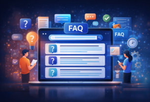 Illustration of an FAQ page template showing frequently asked questions, customer support answers, and self-service help on a modern website