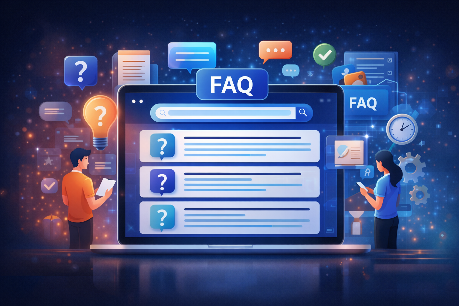 Illustration of an FAQ page template showing frequently asked questions, customer support answers, and self-service help on a modern website