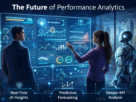 Illustration showing the future of performance analytics with AI-powered dashboards, real-time data streams, predictive insights, and business decision-making supported by advanced analytics.