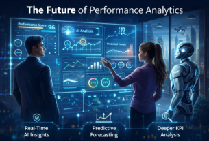 Illustration showing the future of performance analytics with AI-powered dashboards, real-time data streams, predictive insights, and business decision-making supported by advanced analytics.