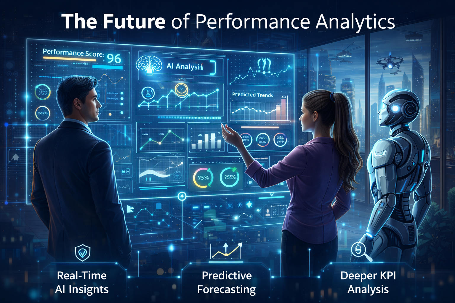 Illustration showing the future of performance analytics with AI-powered dashboards, real-time data streams, predictive insights, and business decision-making supported by advanced analytics.