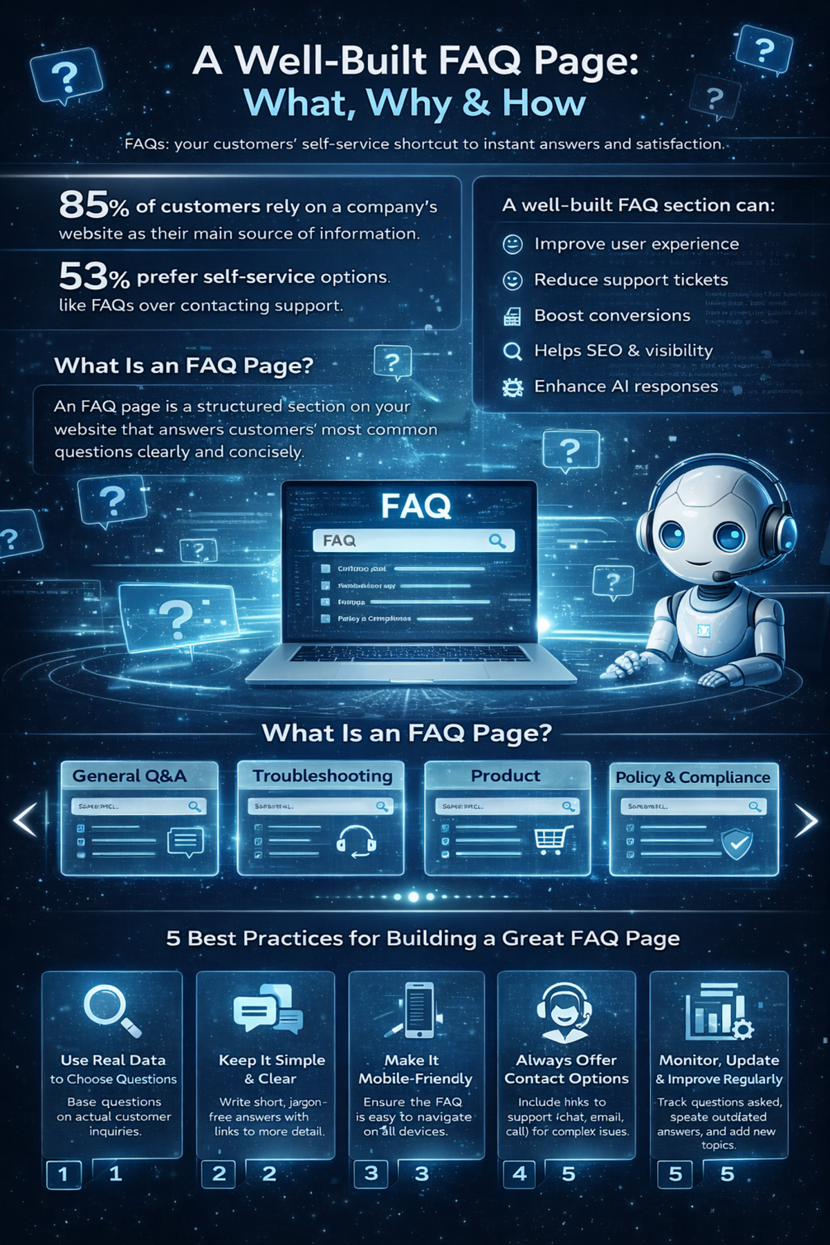 Futuristic infographic explaining how to build a high-quality FAQ page, showing customer self-service benefits, FAQ structure, categories, and best practices with AI and digital icons.