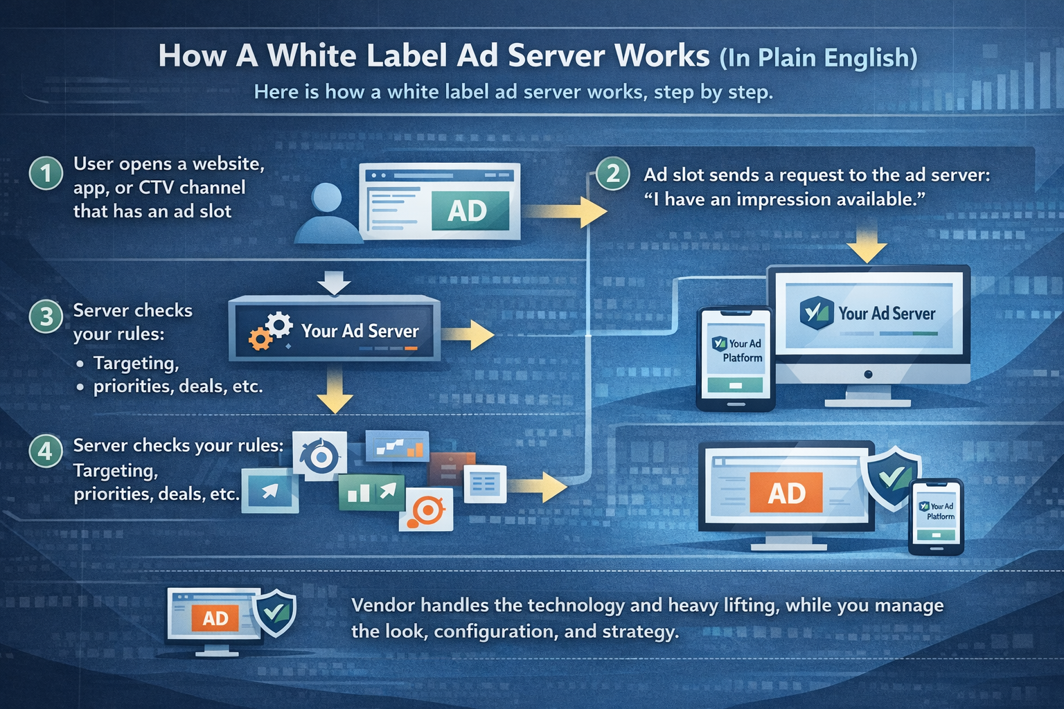 Step-by-step flow showing how a white label ad server works, from ad request and targeting rules to ad delivery and impression tracking.