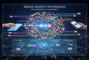 A futuristic digital infographic showing AI-powered image search techniques, including reverse search, object recognition, and visual fingerprints with a cityscape background.