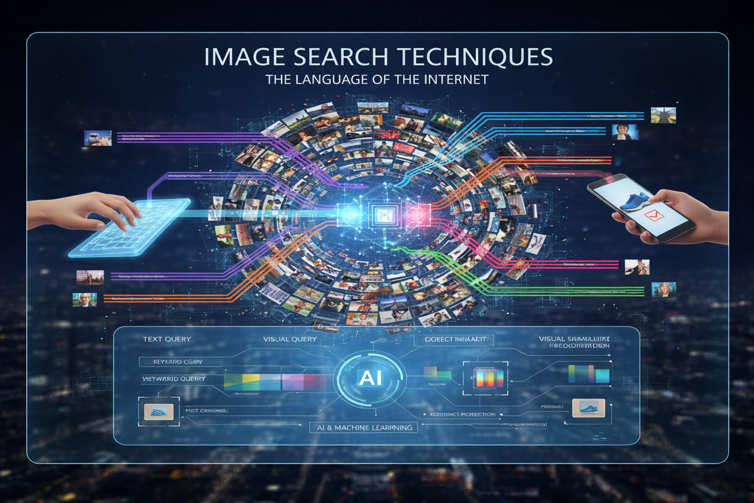A futuristic digital infographic showing AI-powered image search techniques, including reverse search, object recognition, and visual fingerprints with a cityscape background.