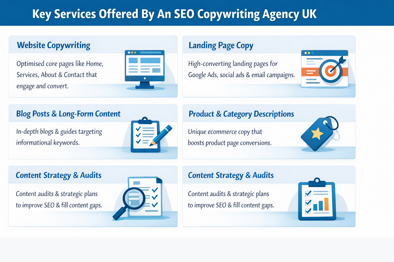 Key services offered by an SEO copywriting agency in the UK including website copywriting, landing pages, blog content, product descriptions, and content strategy.