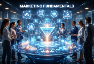 A professional workspace featuring a digital tablet displaying marketing strategy charts, a notebook with the 7Ps of marketing written on it, and a cup of coffee, representing solid business fundamentals