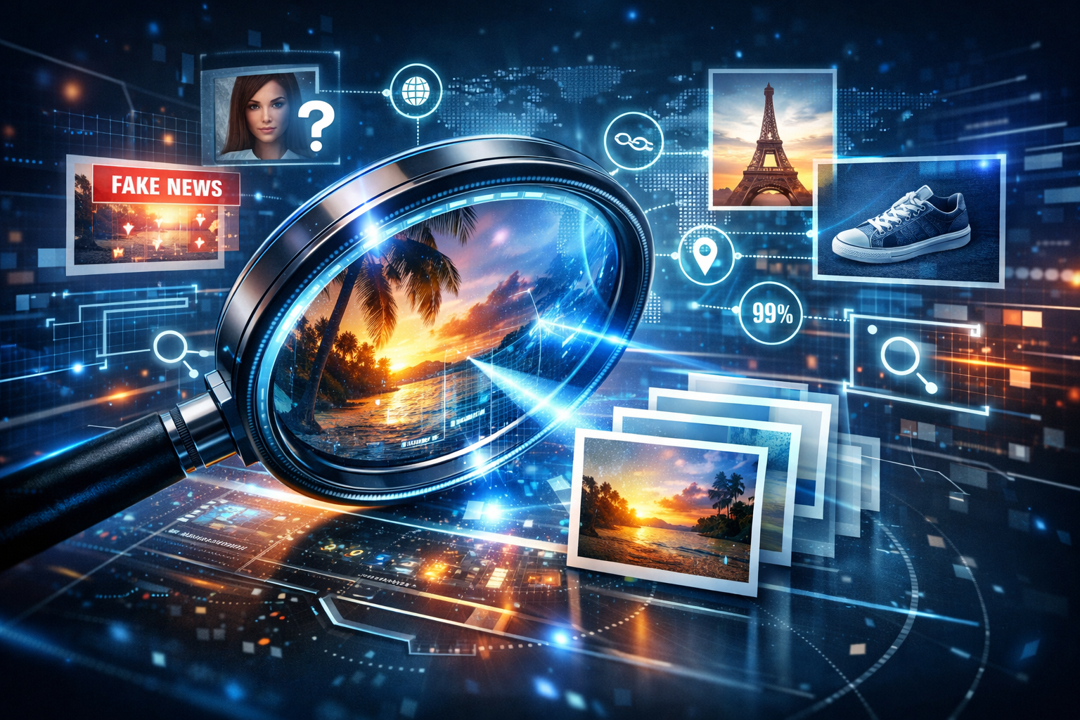 “Futuristic digital illustration showing reverse image search, where a magnifying glass scans a photo to find its source, verify authenticity, and detect fake images online