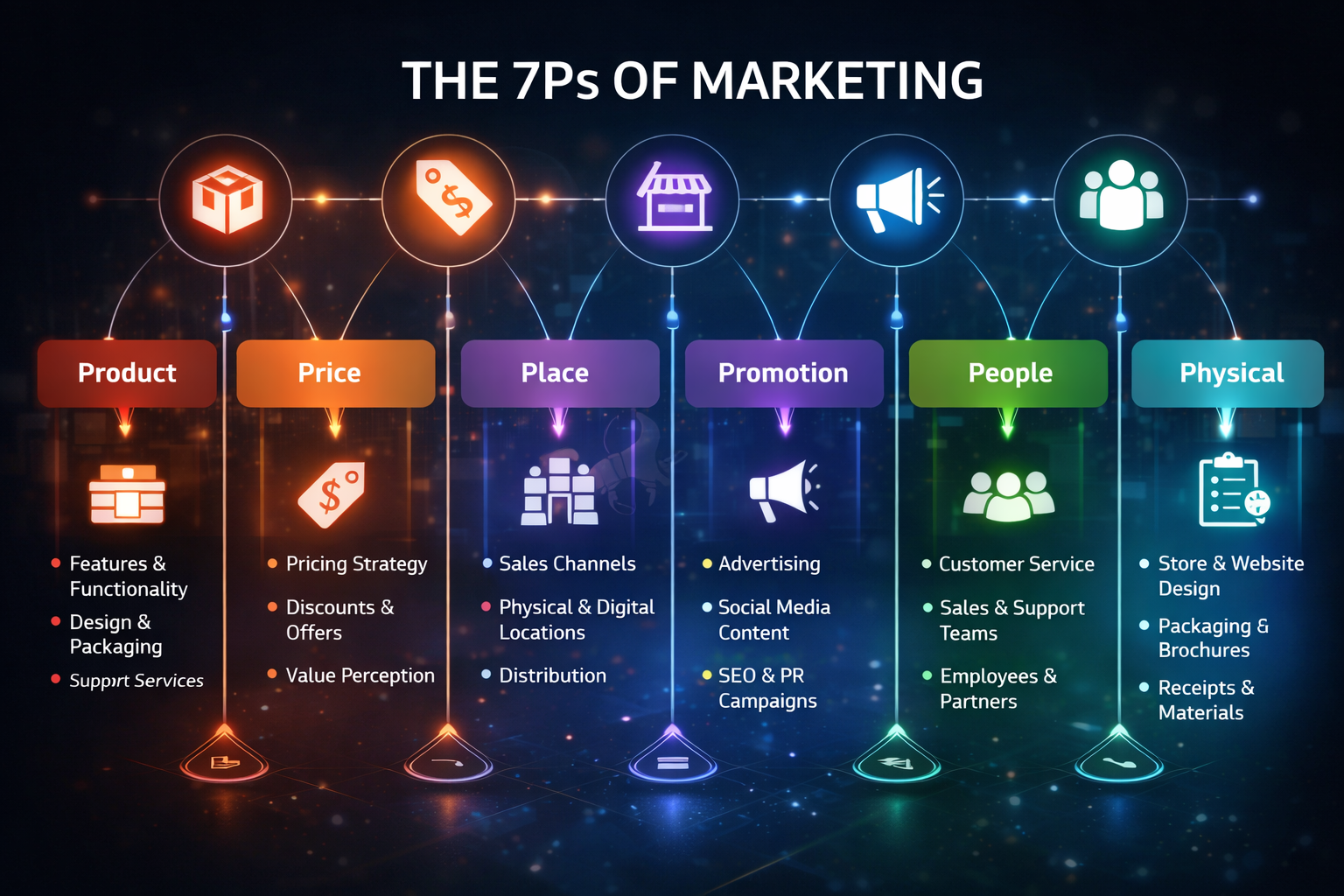 Infographic explaining the 7Ps of Marketing strategy including product, price, place, promotion, people, process, and physical evidence for business growth.