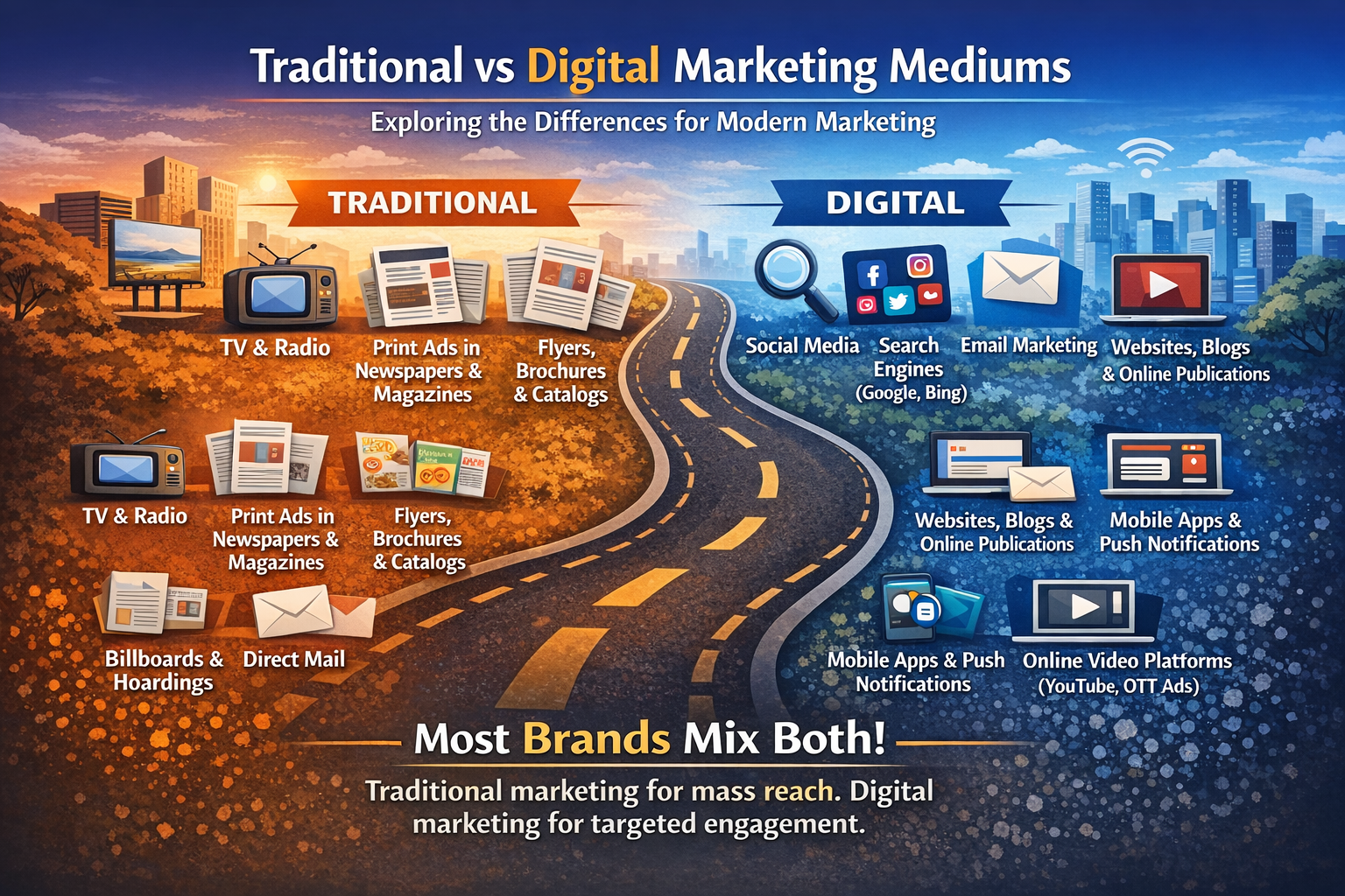 Side-by-side illustration comparing traditional and digital marketing mediums, showing TV, print, billboards, and direct mail on one side, and social media, search engines, email, websites, mobile apps, and online video on the other.