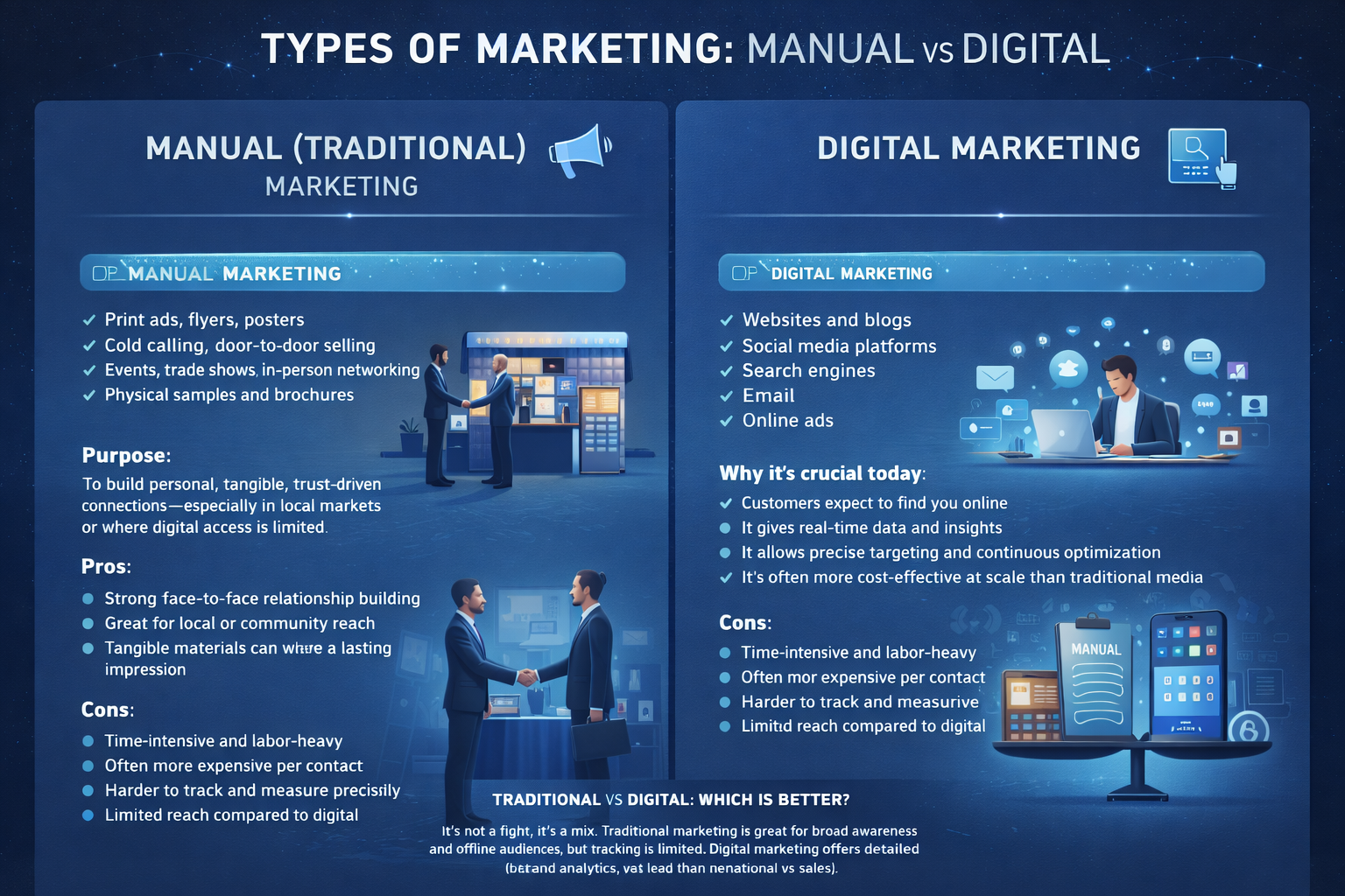Side-by-side infographic comparing manual (traditional) marketing and digital marketing, showing methods, purposes, pros, and cons with icons and illustrations.