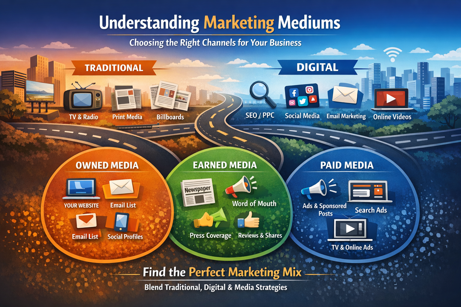 Illustration explaining marketing mediums, showing traditional and digital channels along with owned, earned, and paid media connected by a road metaphor.