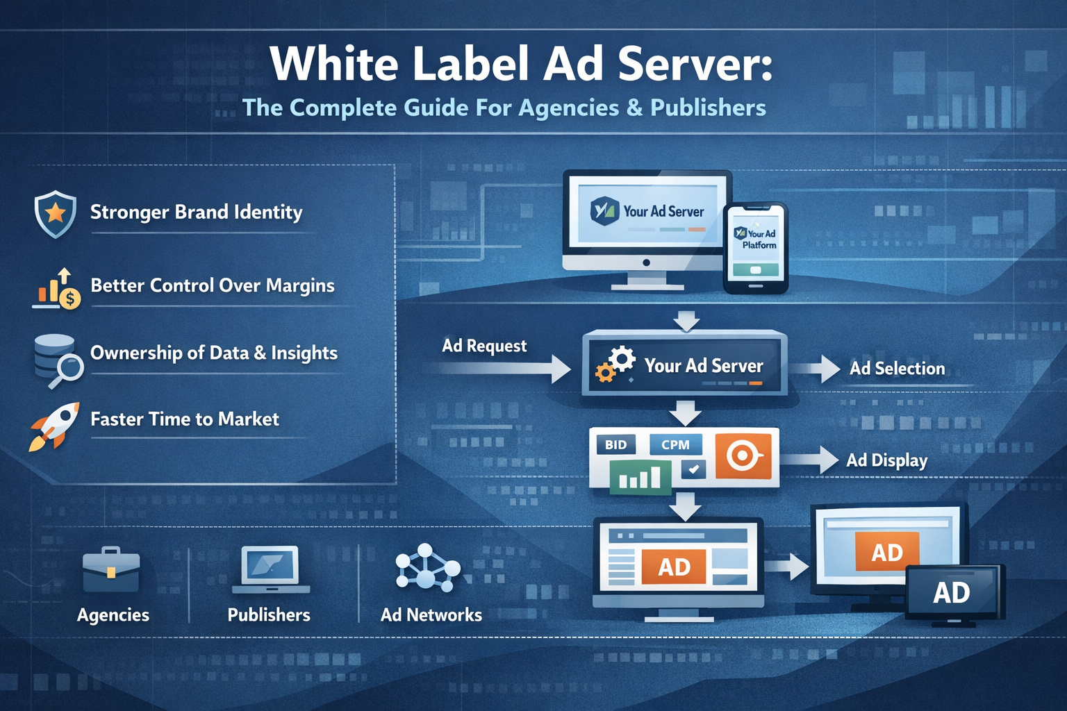 White label ad server overview showing branded ad platform, ad request flow, targeting, reporting, and use cases for agencies and publishers.